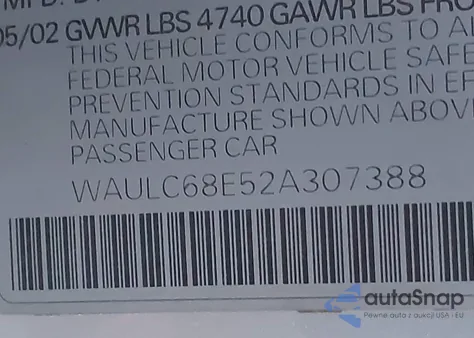2002 Audi A4 1.8T z USA, uszkodzony, nr VIN WAULC68E52A307388